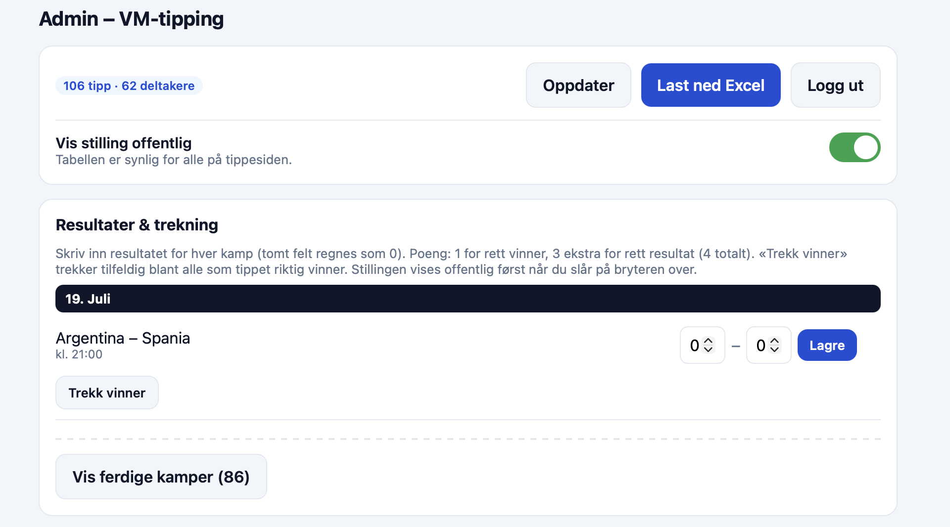 Adminsiden for VM-tipping – resultater og trekning